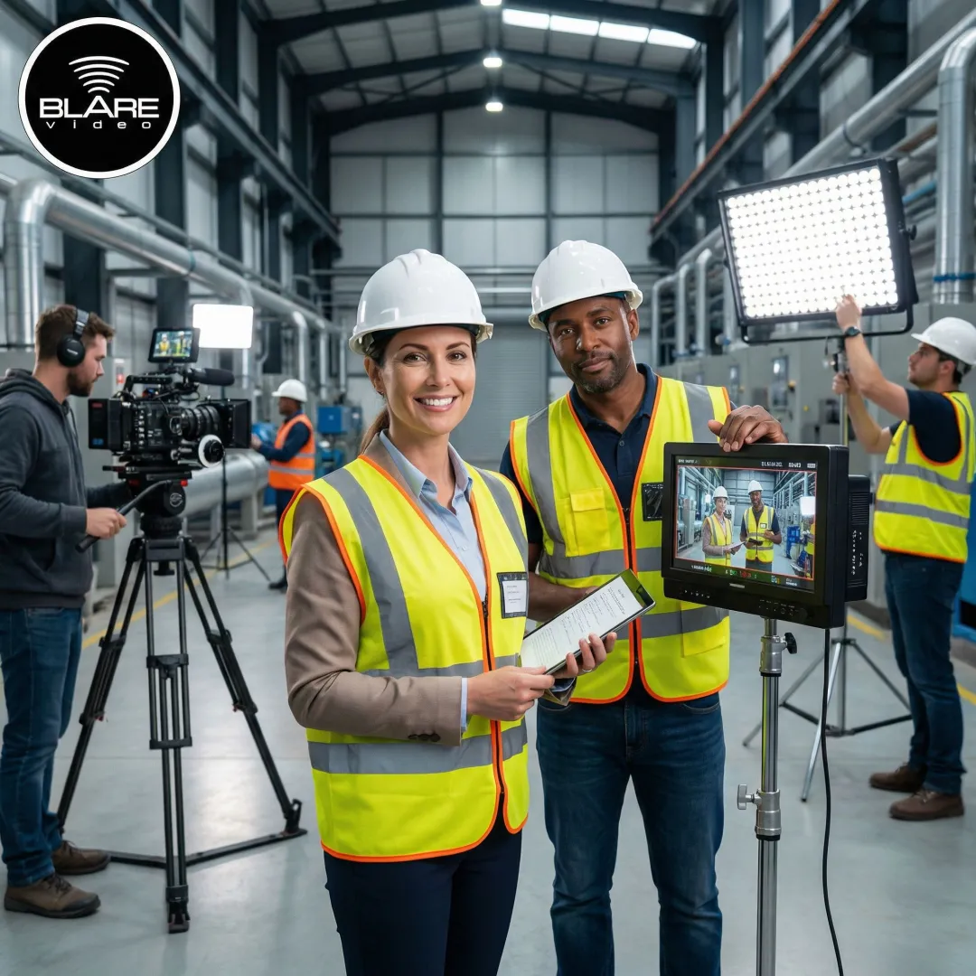 Video production team reviewing safety training footage on a monitor at an industrial location