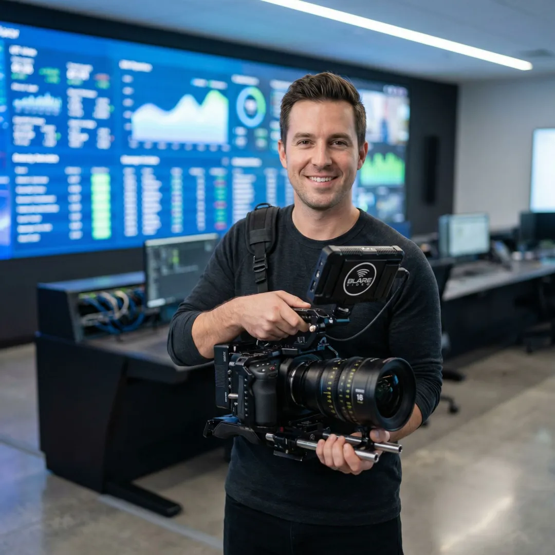 Video production team capturing AV system integration demo on cinema camera