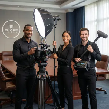 Professional video production crew setting up cameras and lighting for a government contract shoot