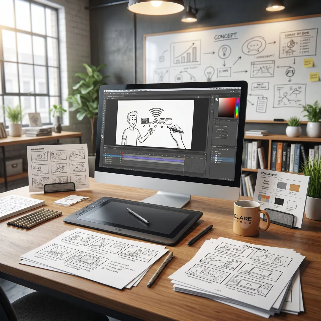 Whiteboard video production process with storyboard and animation tools