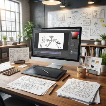 Whiteboard video production process with storyboard and animation tools