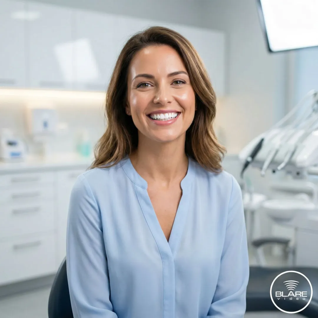 Patient smiling during a testimonial video interview at a dental practice