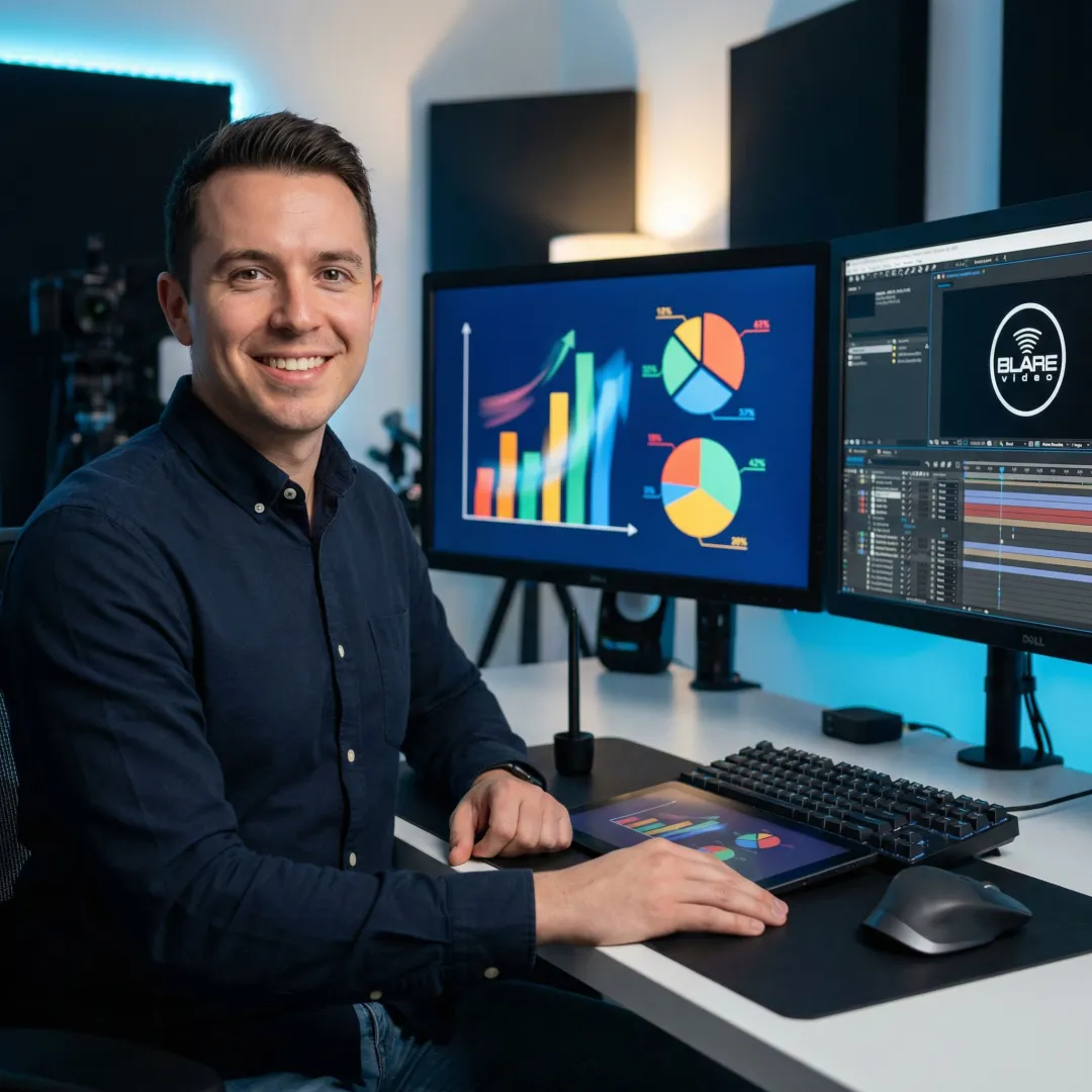 Animated financial services video production with charts and motion graphics on screen