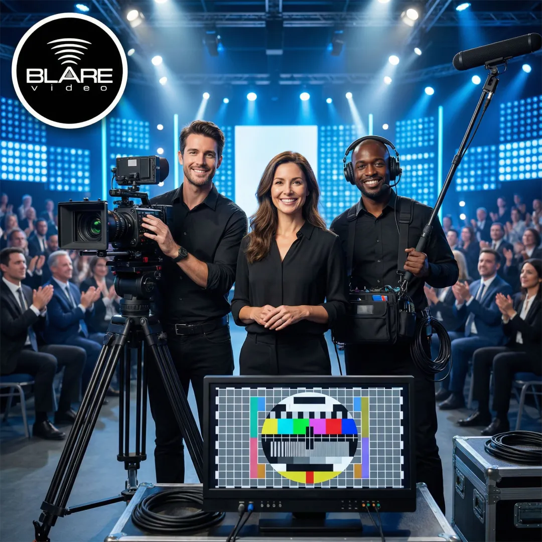 Professional video production crew filming a corporate event on stage with multi-camera setup