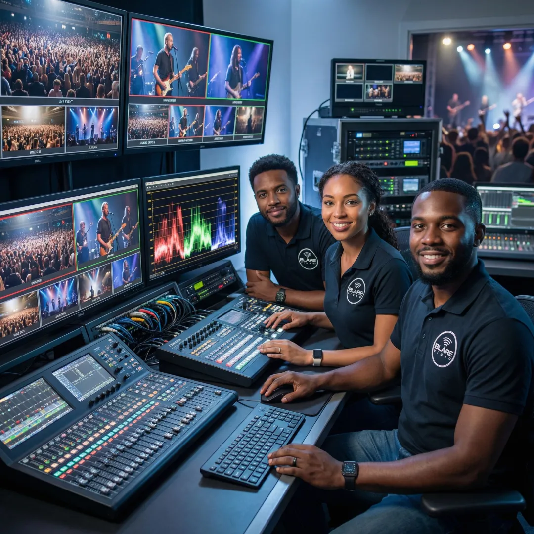 Video production team reviewing footage on monitors during a live event shoot