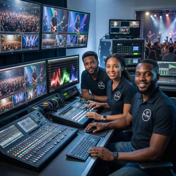 Video production team reviewing footage on monitors during a live event shoot