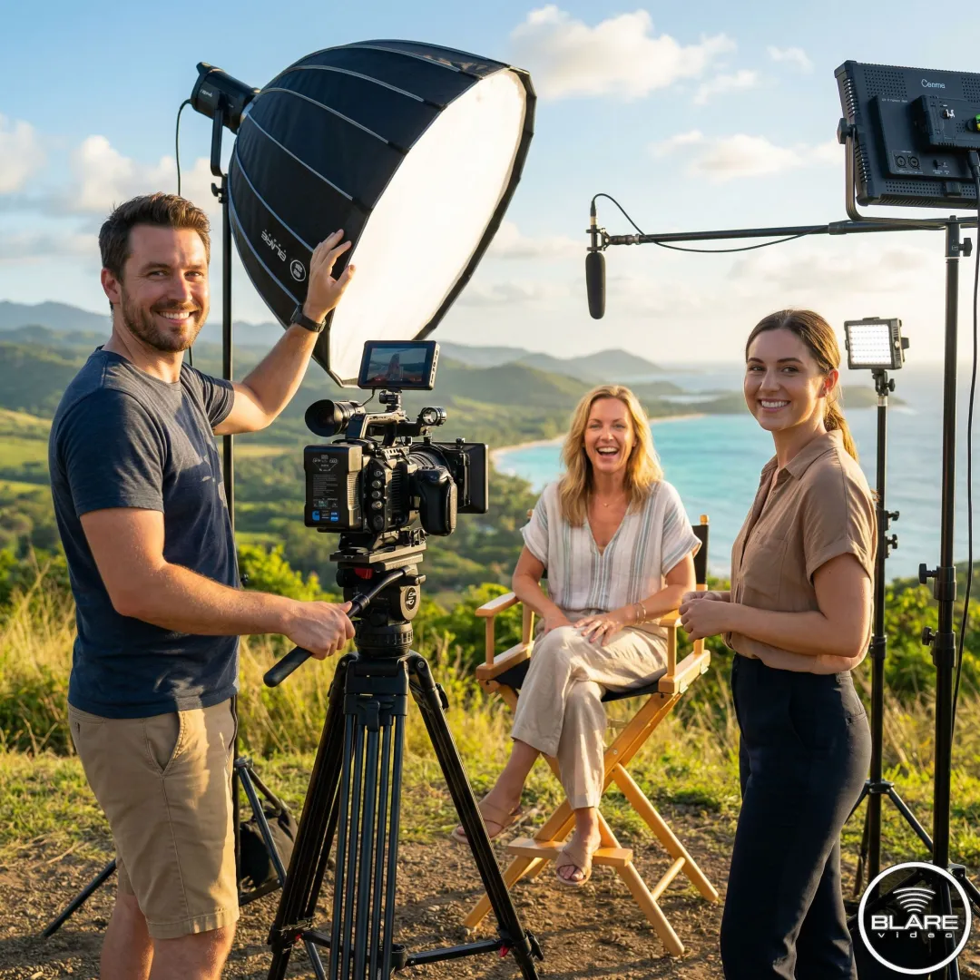 Video production crew filming a travel testimonial on location