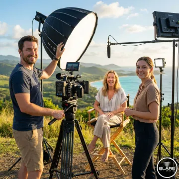 Video production crew filming a travel testimonial on location