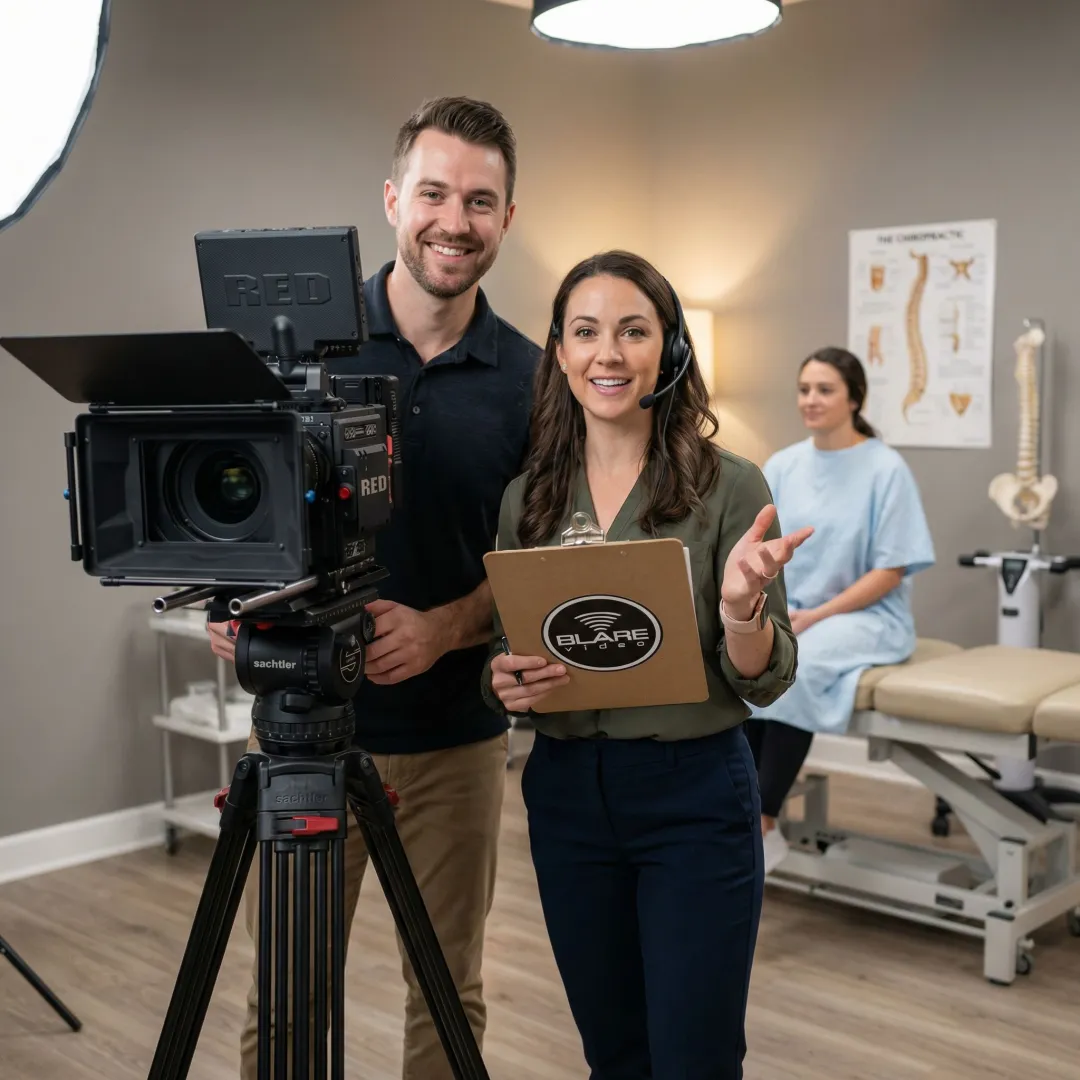 Video production crew filming a chiropractic patient testimonial inside a professional clinic