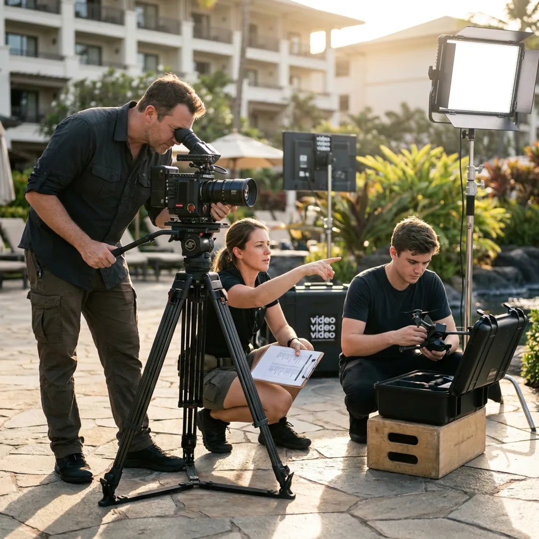 Production crew planning a hospitality video shoot