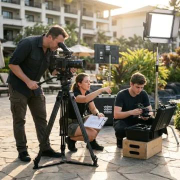 Production crew planning a hospitality video shoot