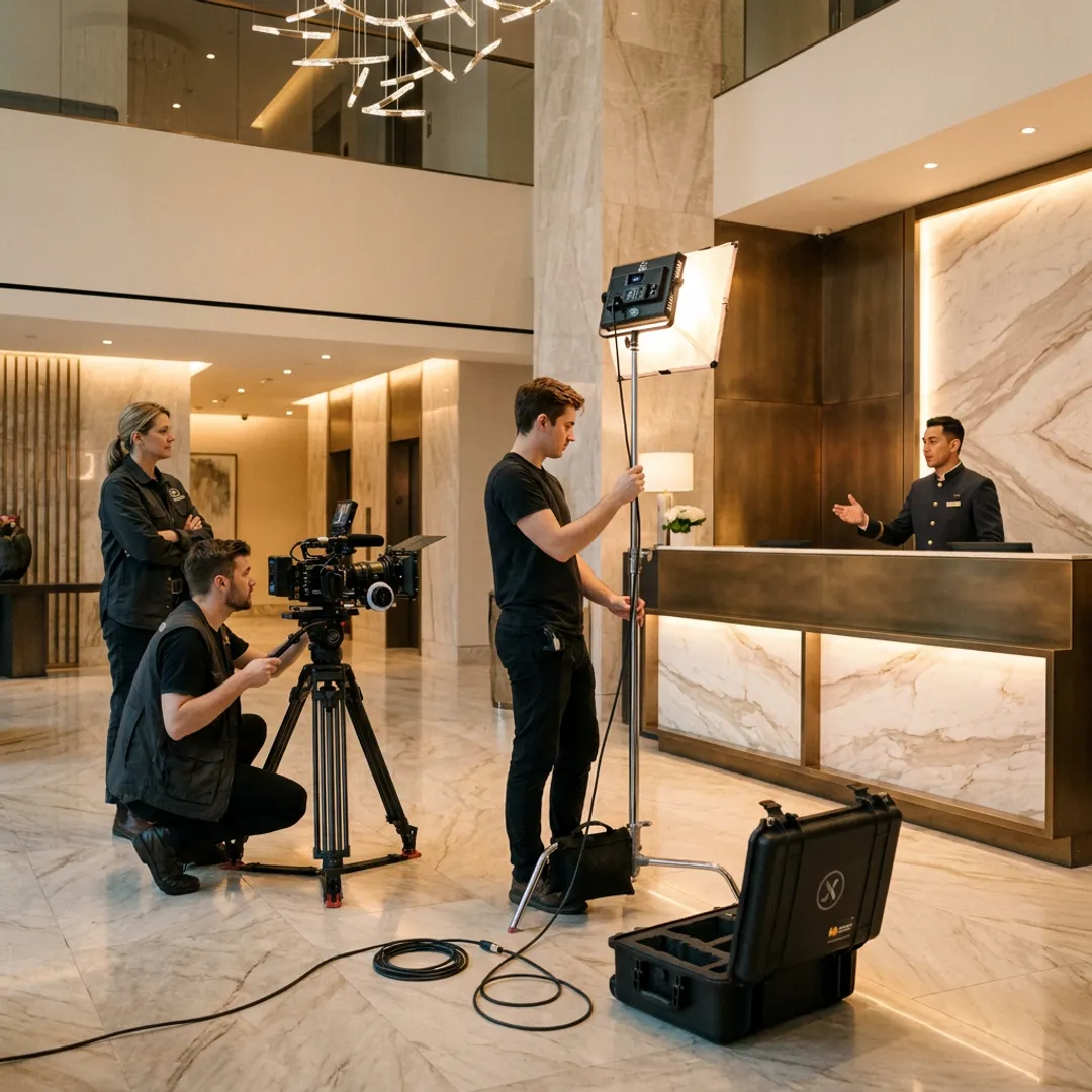 Video crew filming a luxury hotel experience