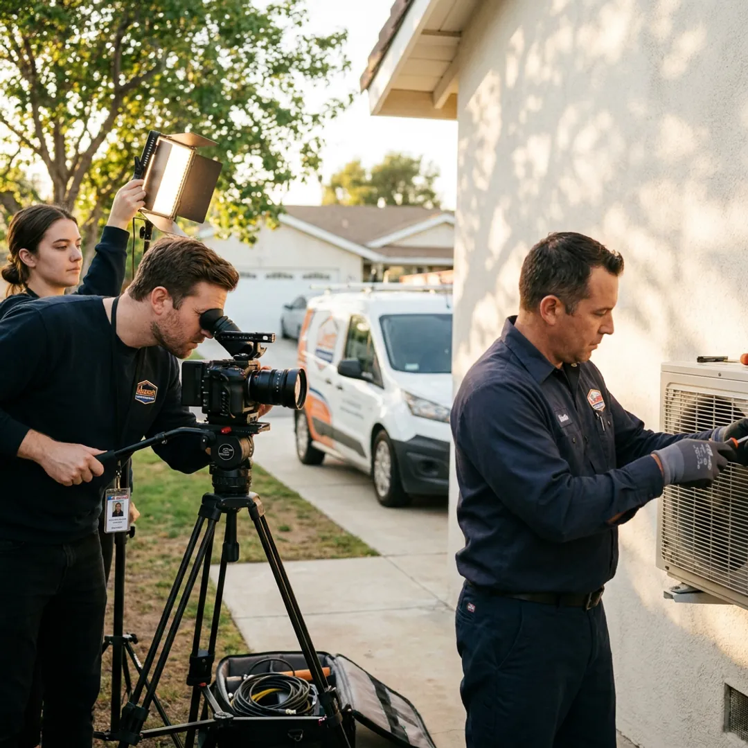 Professional video crew filming a home service marketing shoot