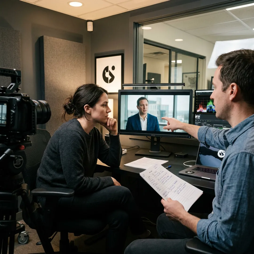Video production team reviewing footage for a financial brand