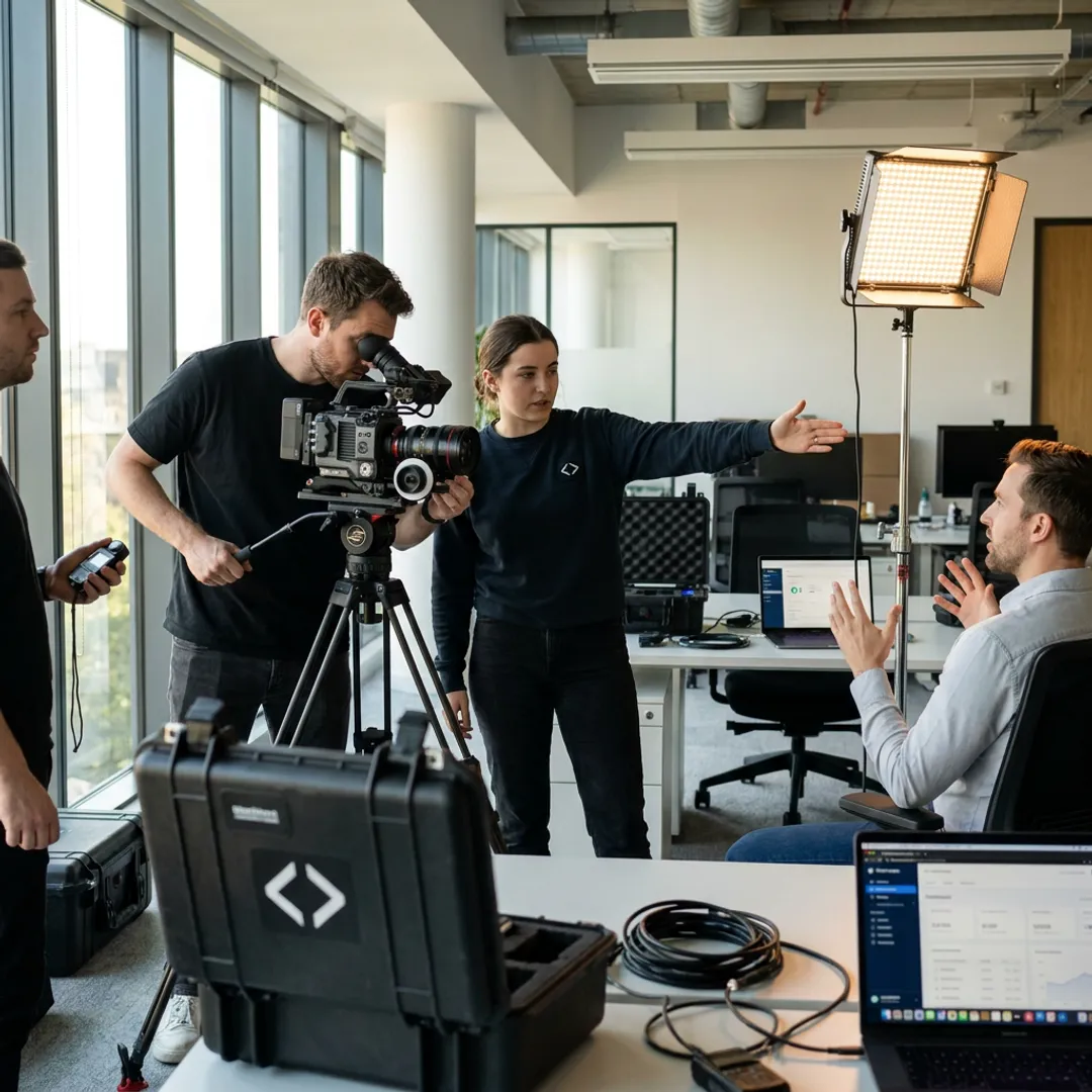 Tech startup video production crew filming a product demo