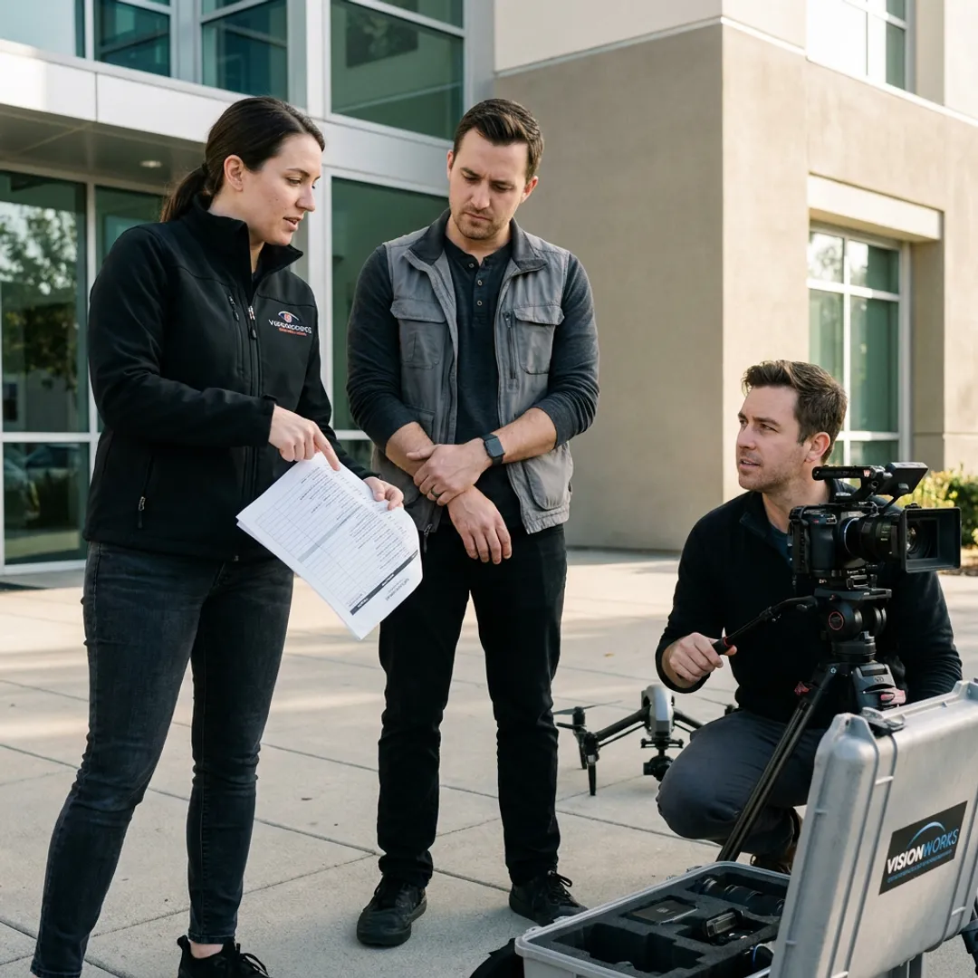 Video production team planning a property shoot