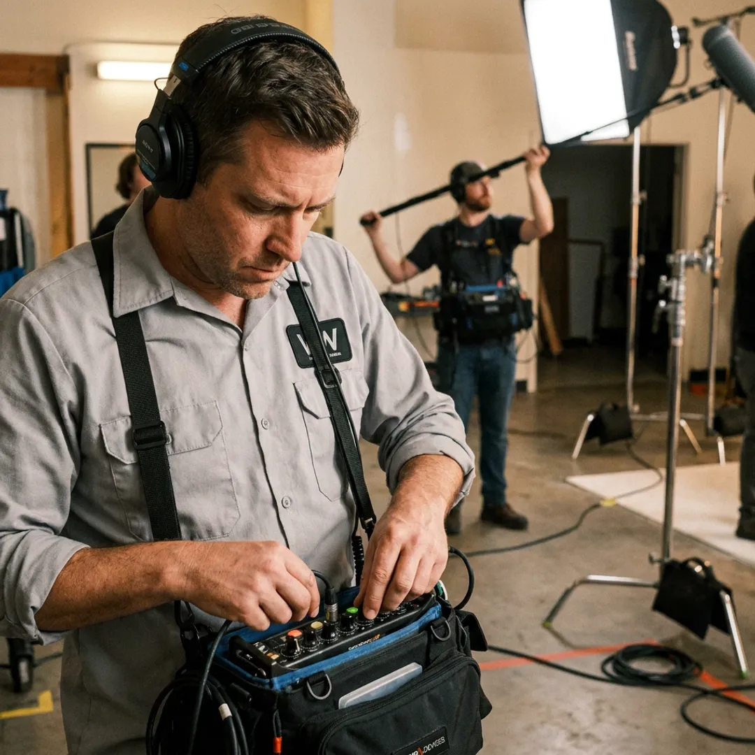 Production sound mixer recording audio on a Los Angeles film set