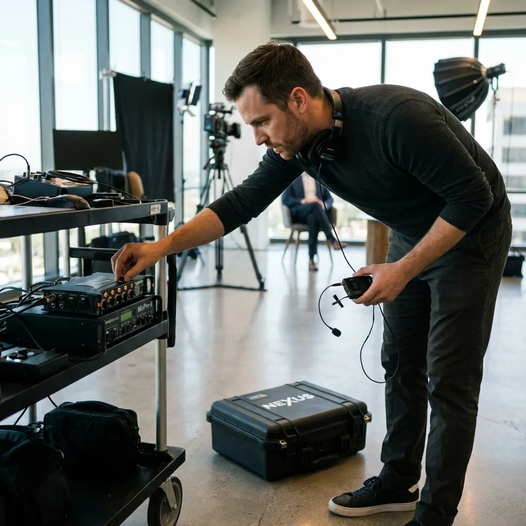 Sound mixer preparing microphones before a video shoot