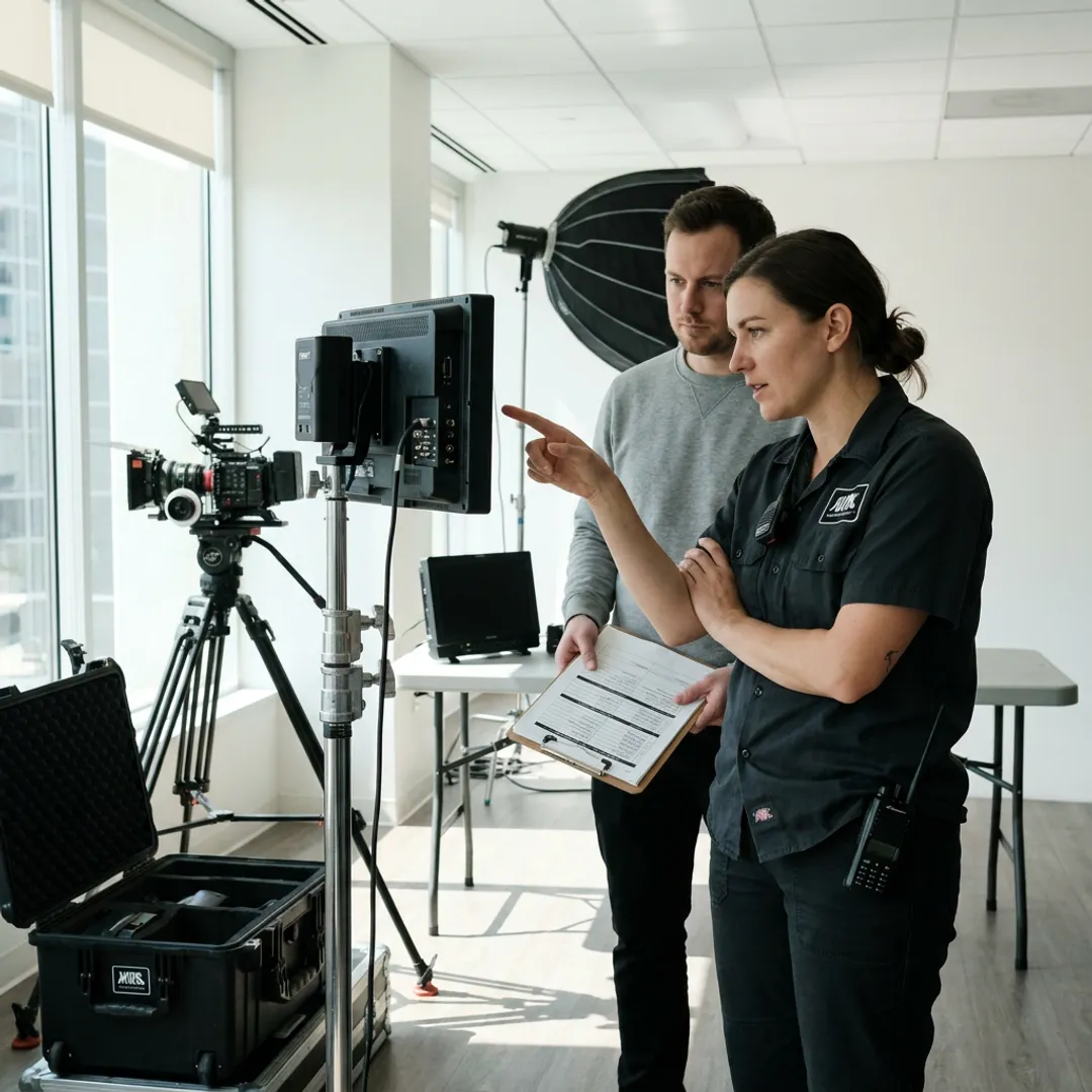 Video production team reviewing footage on set