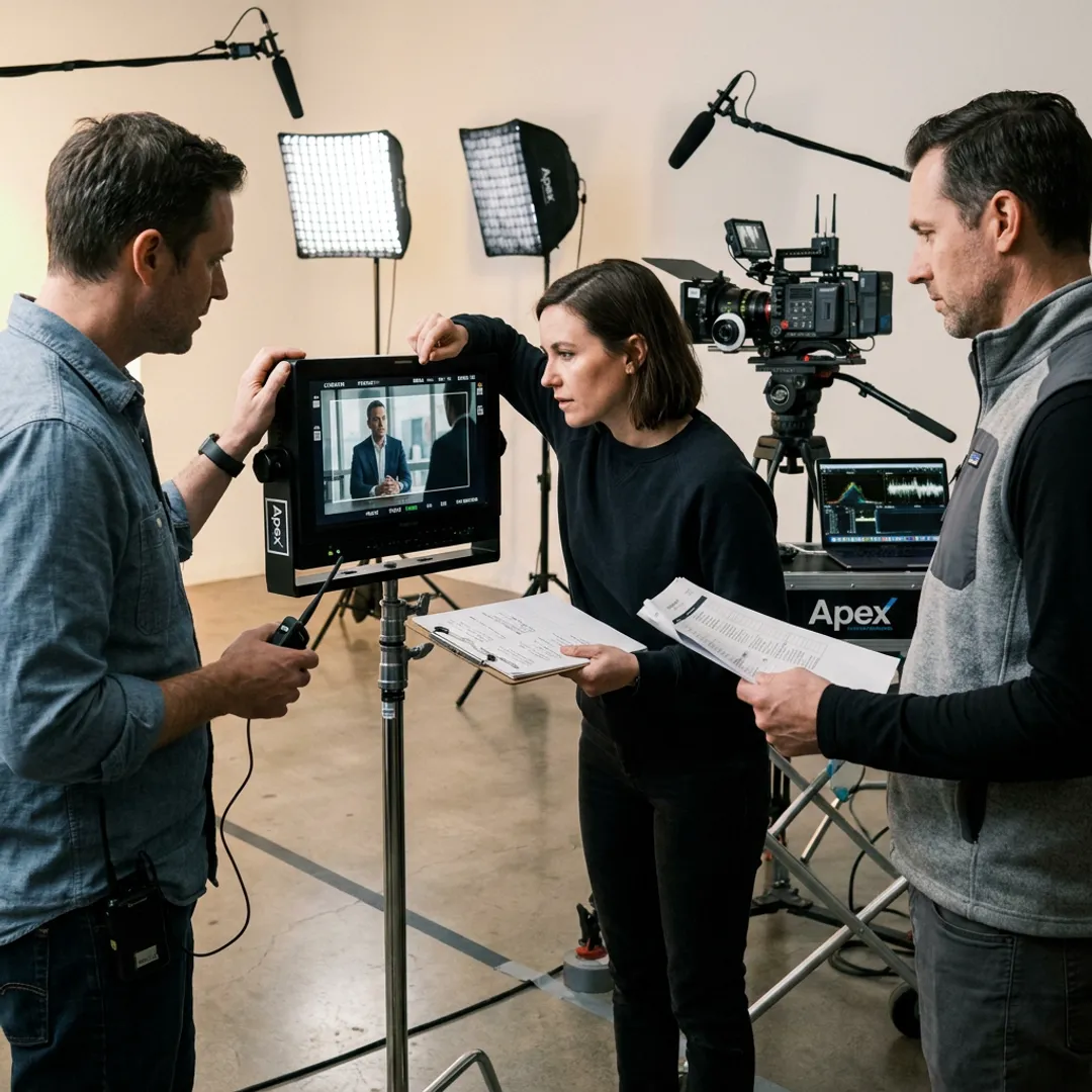 Video production team reviewing footage
