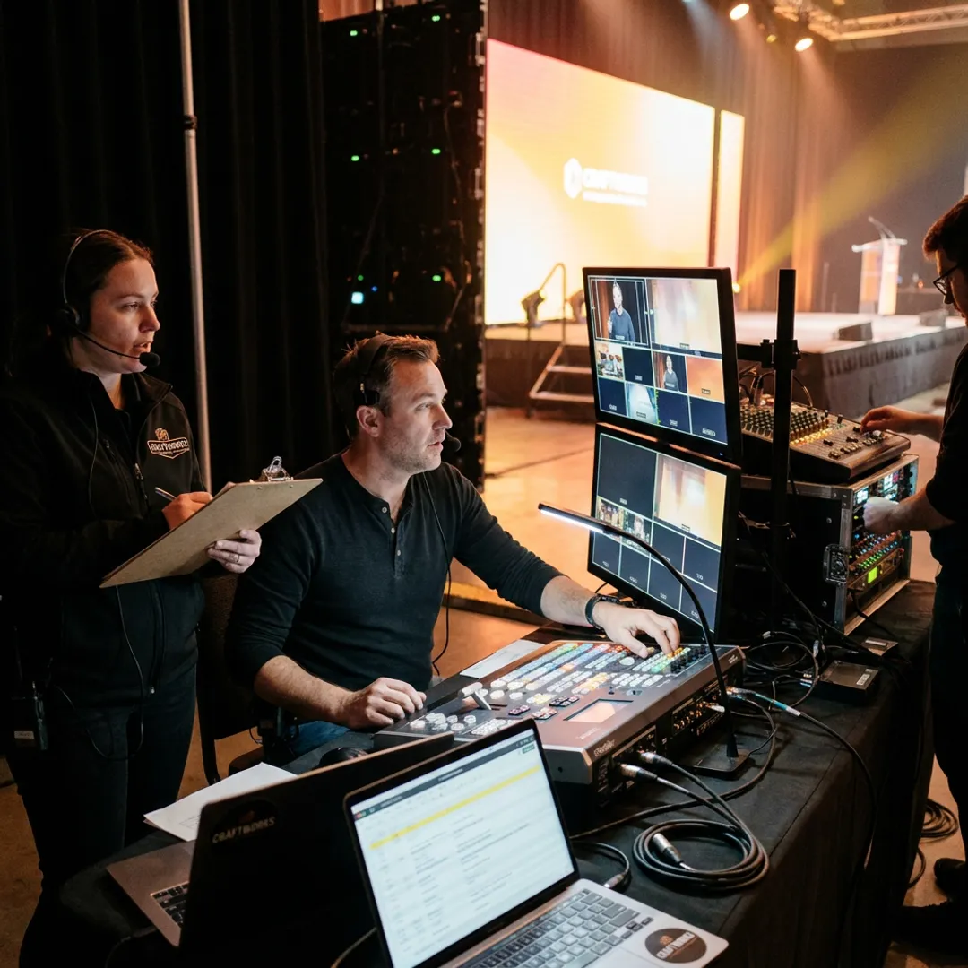 Event production team coordinating cameras and monitors