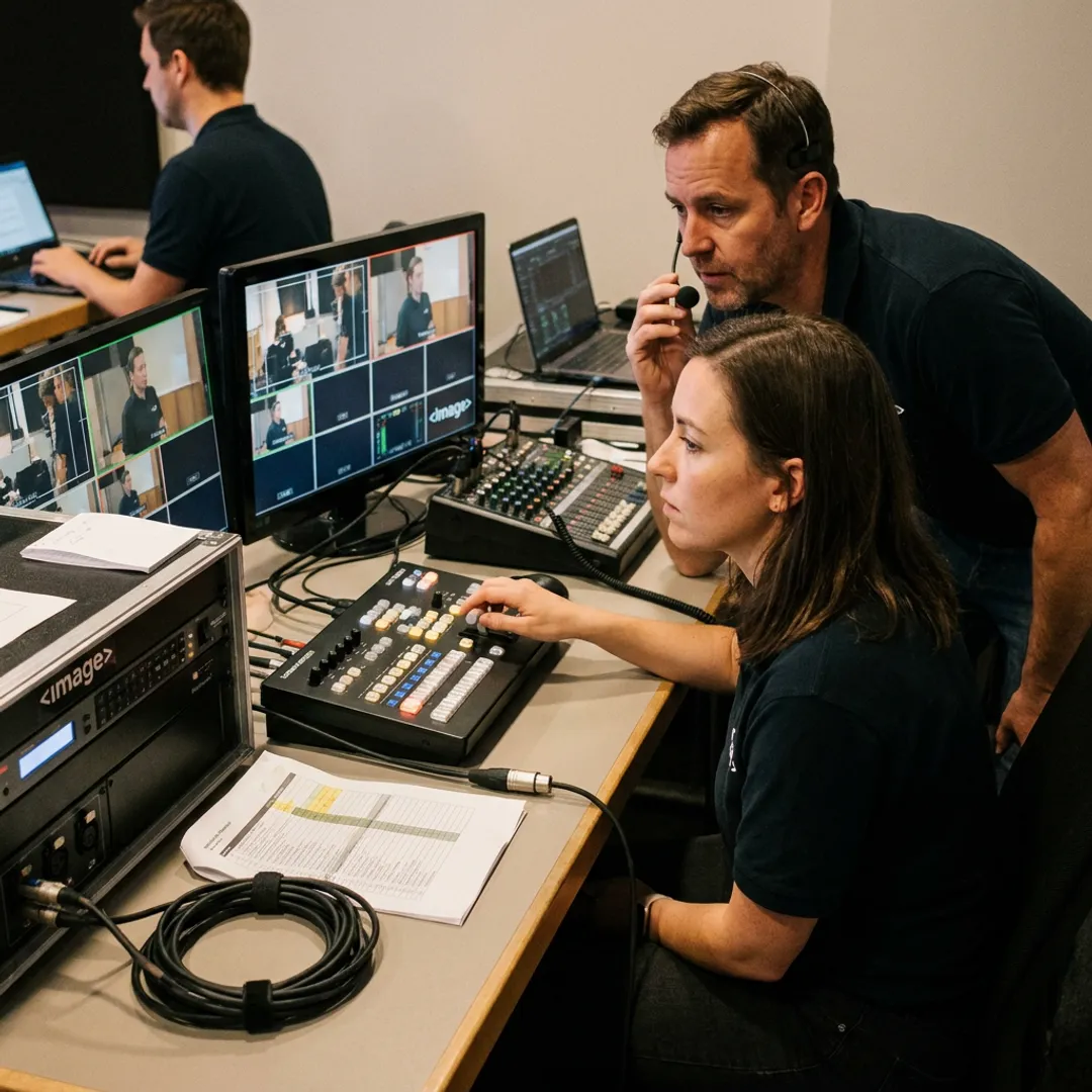 Technicians managing a live stream control station