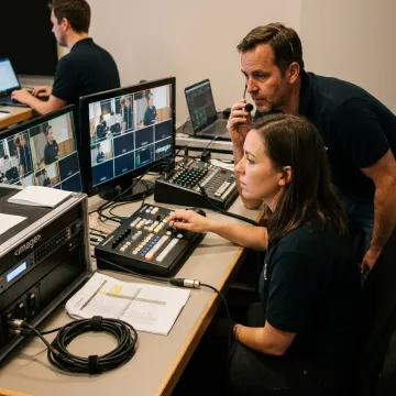 Technicians managing a live stream control station