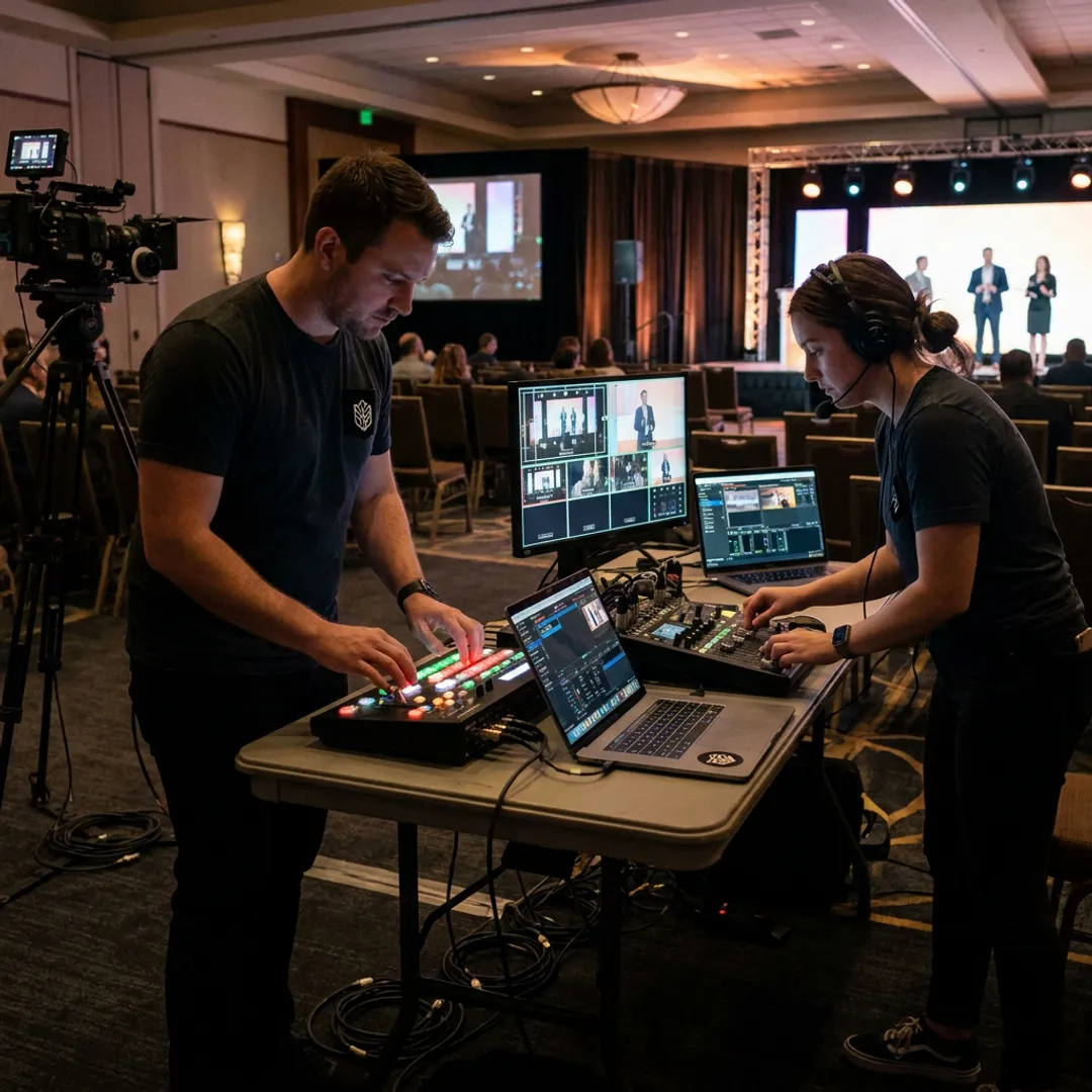 Live streaming control setup with monitors and switcher
