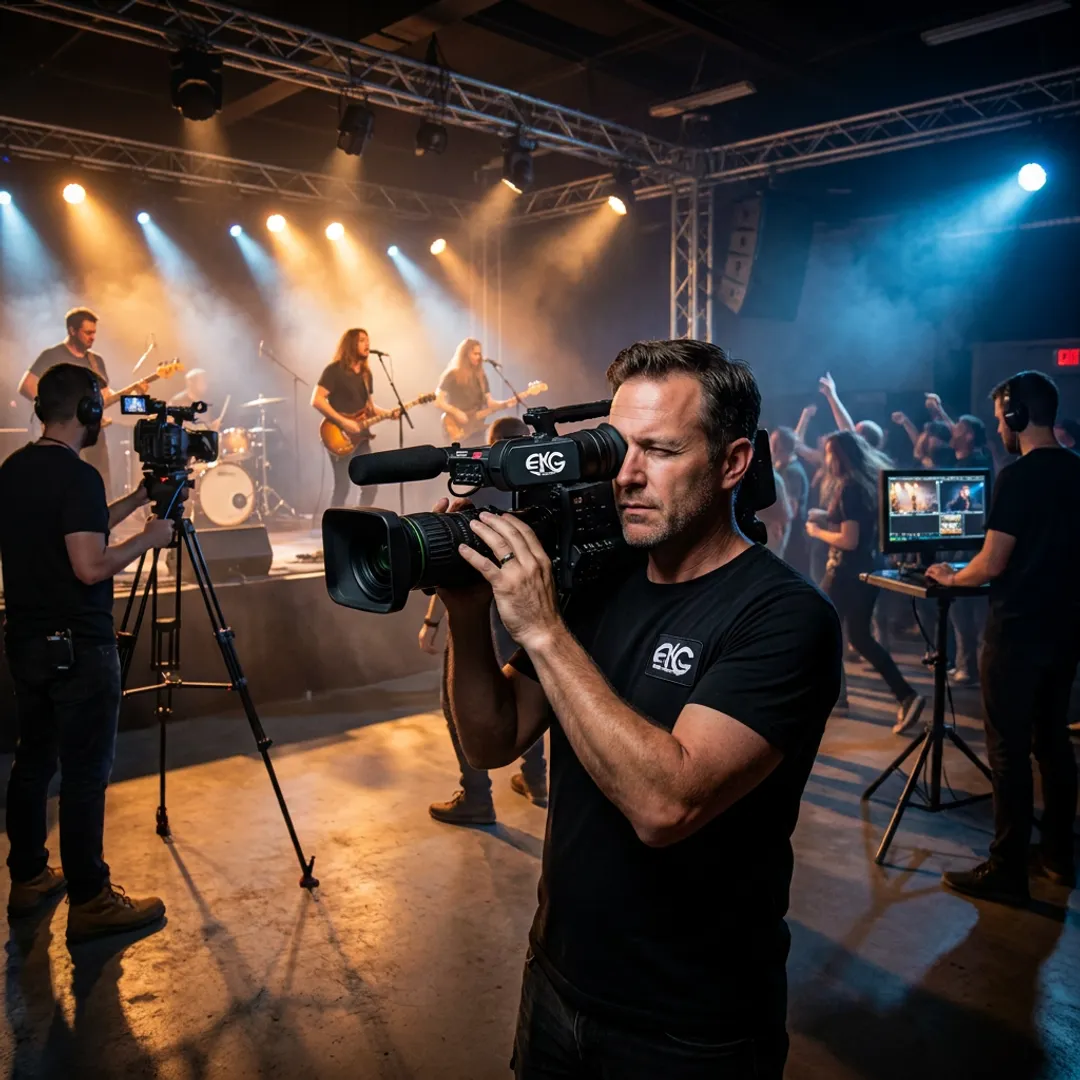 Live concert video production crew filming a performance