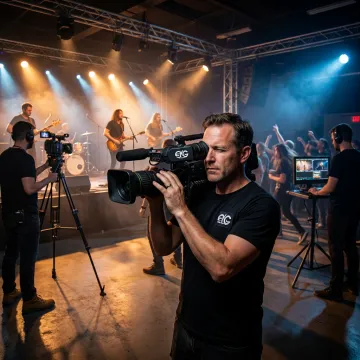 Live concert video production crew filming a performance