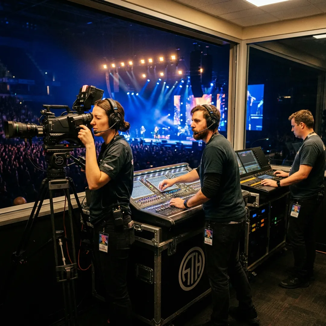 Video production team managing a live concert shoot