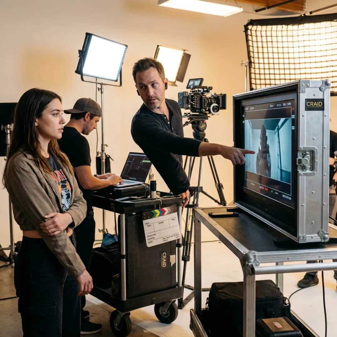 Director reviewing music video footage during production
