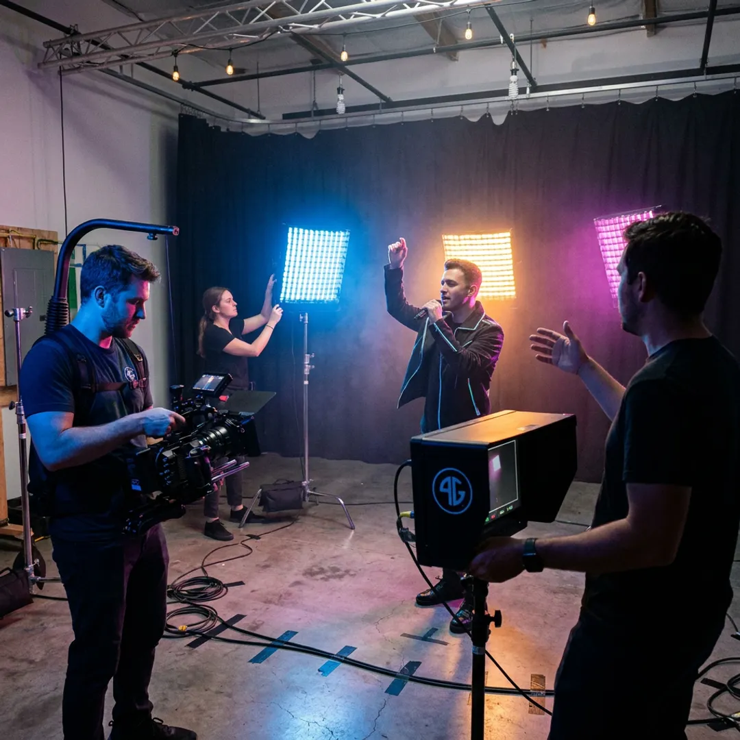 AI music video production set with performers and digital visuals