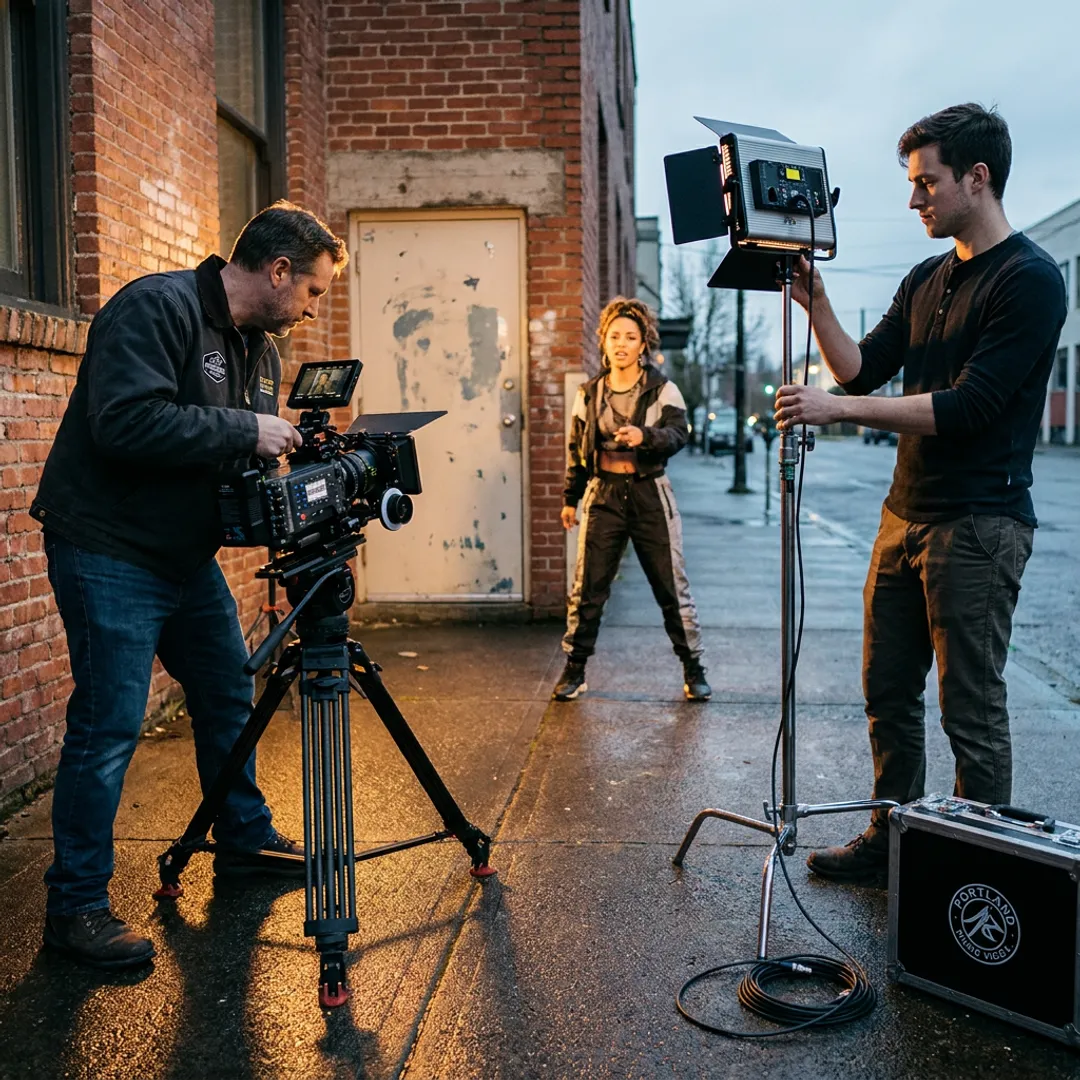 Music video crew filming an artist in Portland