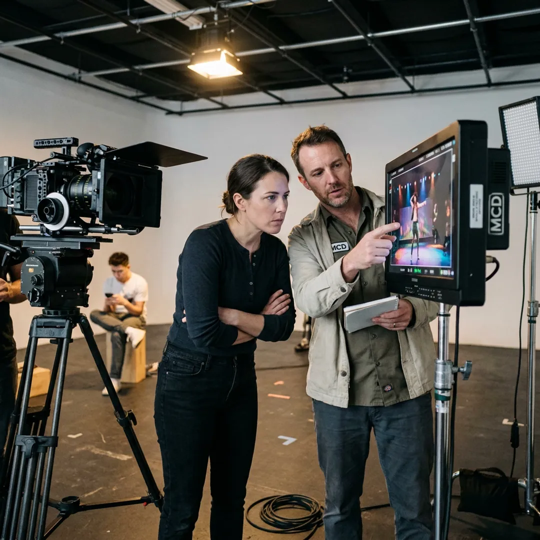 Director reviewing music video footage on set