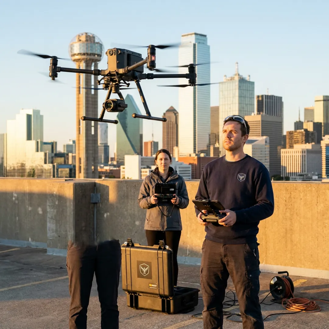 Drone filming aerial video over Dallas skyline