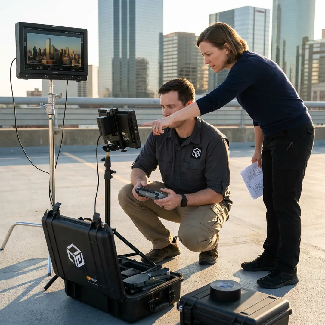 Drone crew planning an aerial video shoot