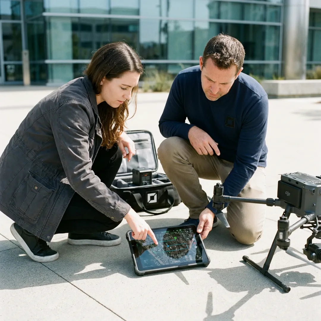 Drone videography crew planning aerial shots