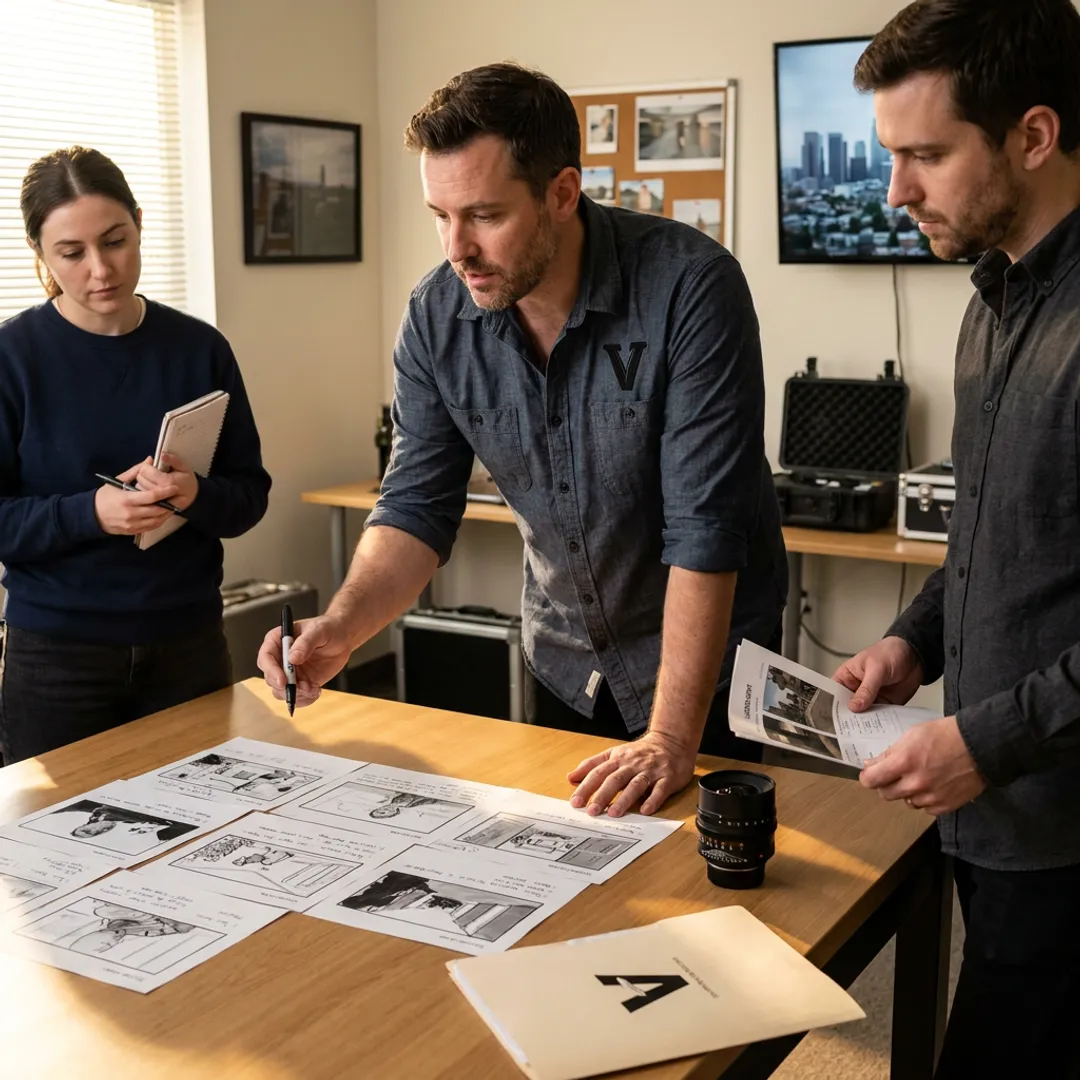 Director planning a music video shoot with crew