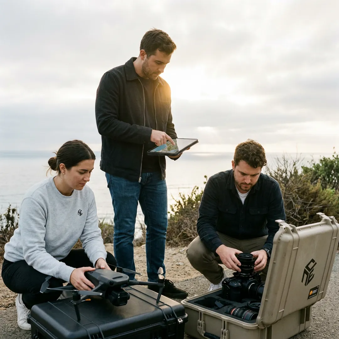 Drone video crew preparing aerial filming equipment