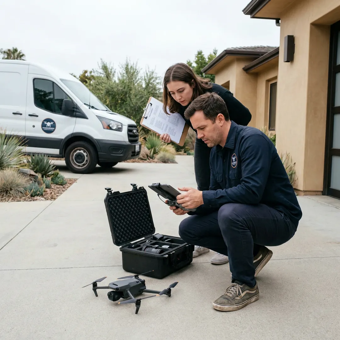 Production crew planning a real estate drone shoot