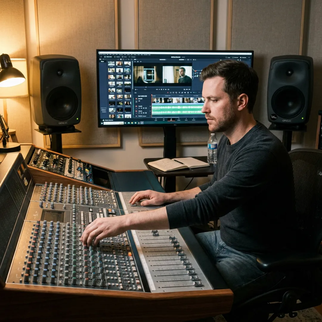 Audio engineer mixing video audio in a Los Angeles post production studio