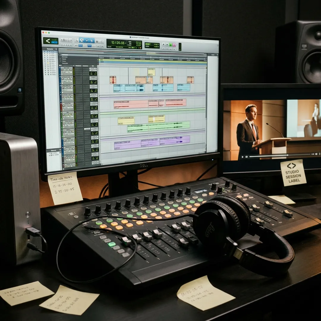 Audio post production timeline and mixing console
