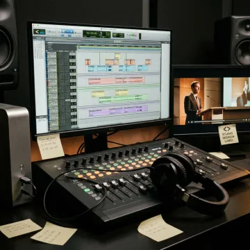 Audio post production timeline and mixing console