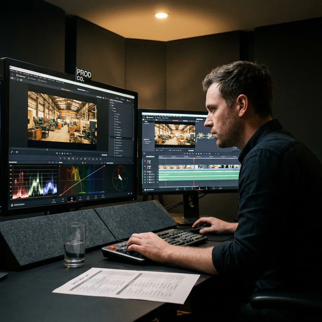 Post-production timeline with colour grading controls