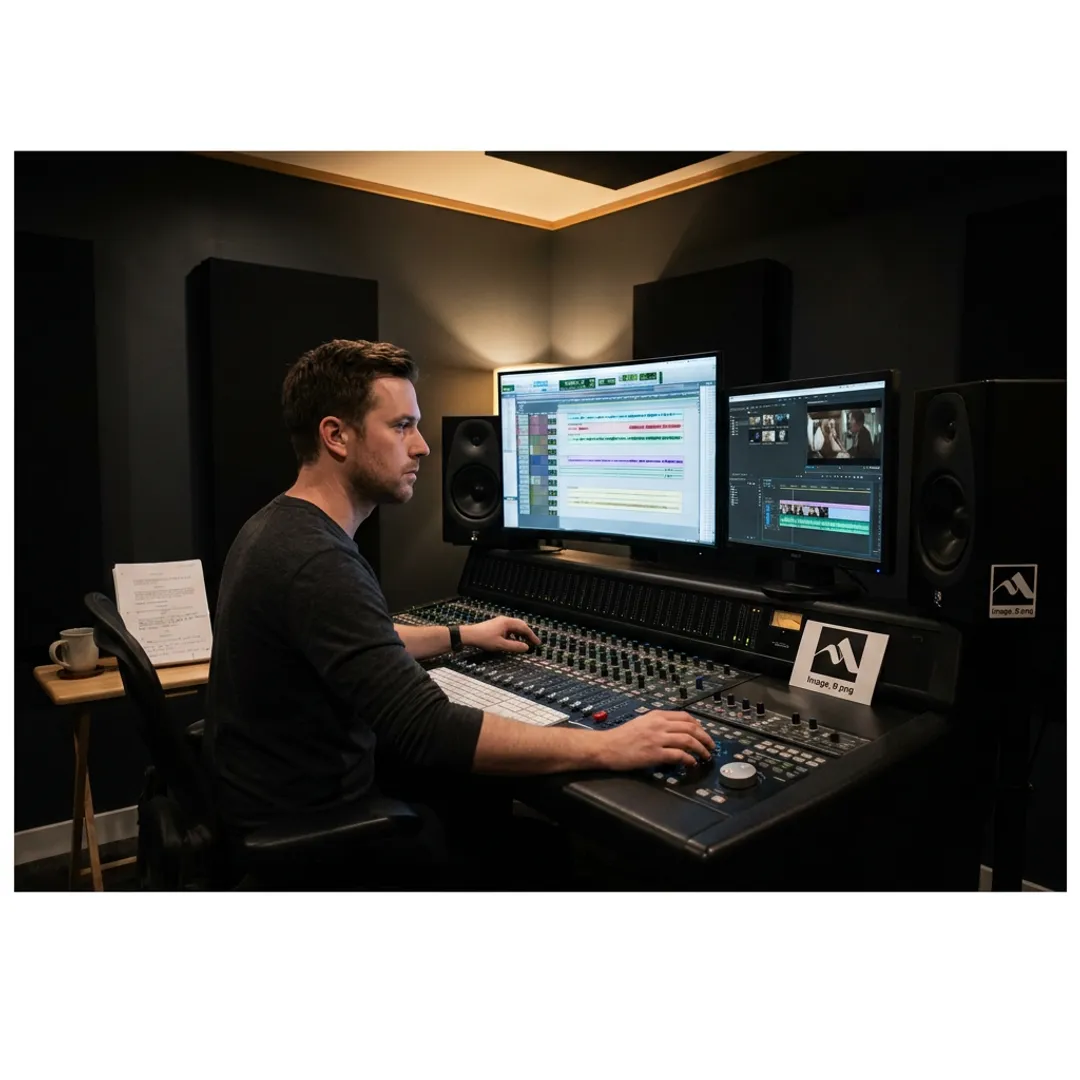 Audio engineer mixing film sound in a post-production studio