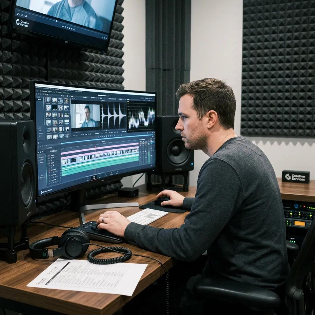 Post-production editor organizing audio tracks for a video mix