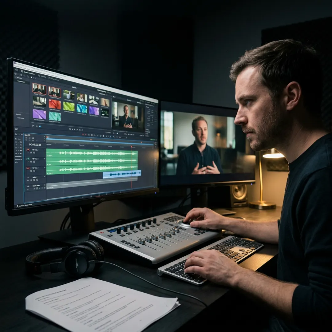 Post-production timeline with narration track