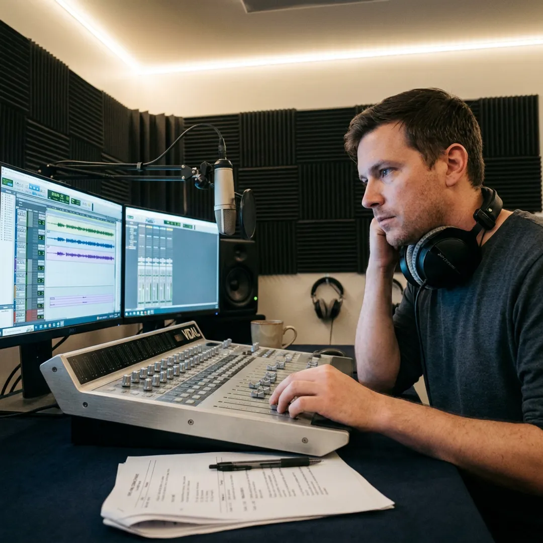 Voice-over engineer editing narration audio