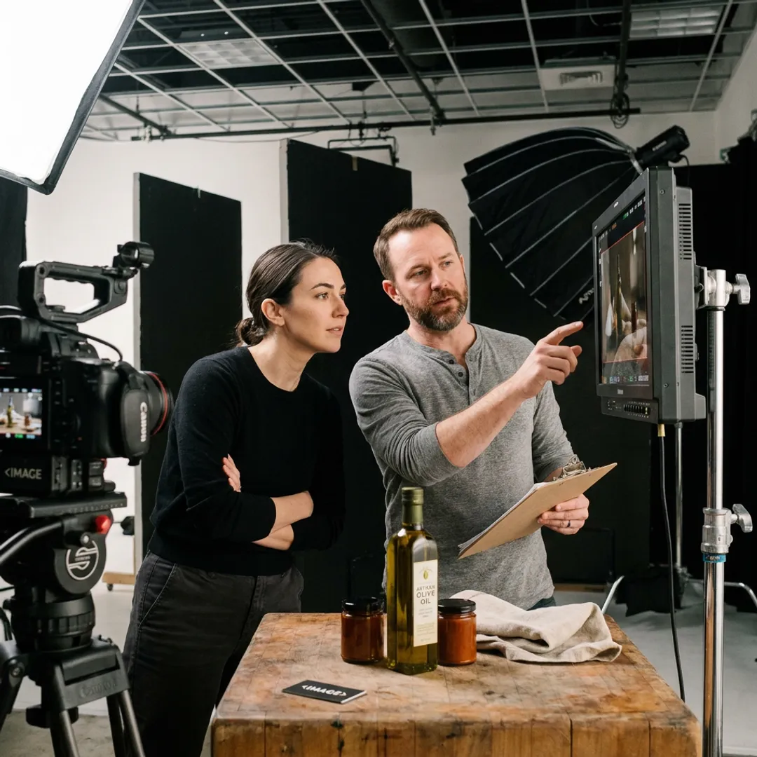 Video production crew reviewing food brand footage